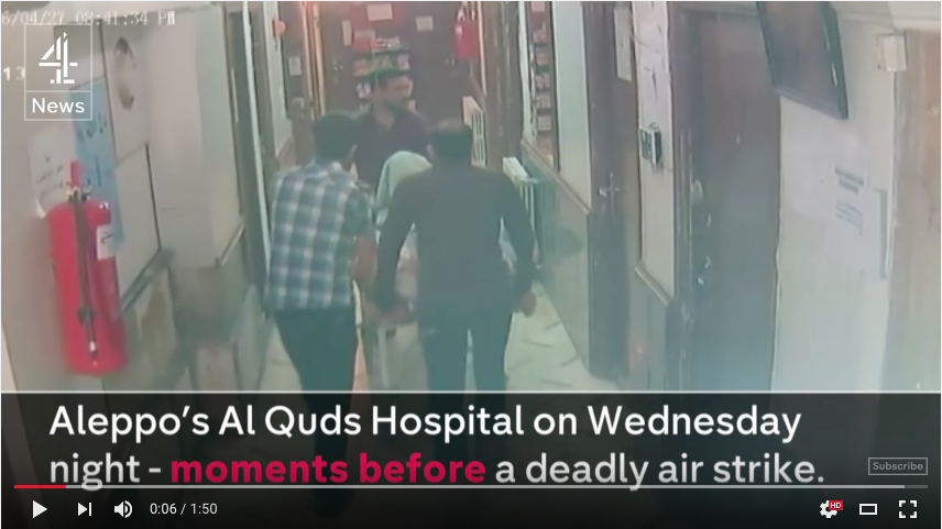 Imagini preluate de la o cameră de supraveghere din interiorul spitalului al-Quds din Alep, cu câteva momente înaintea atacului